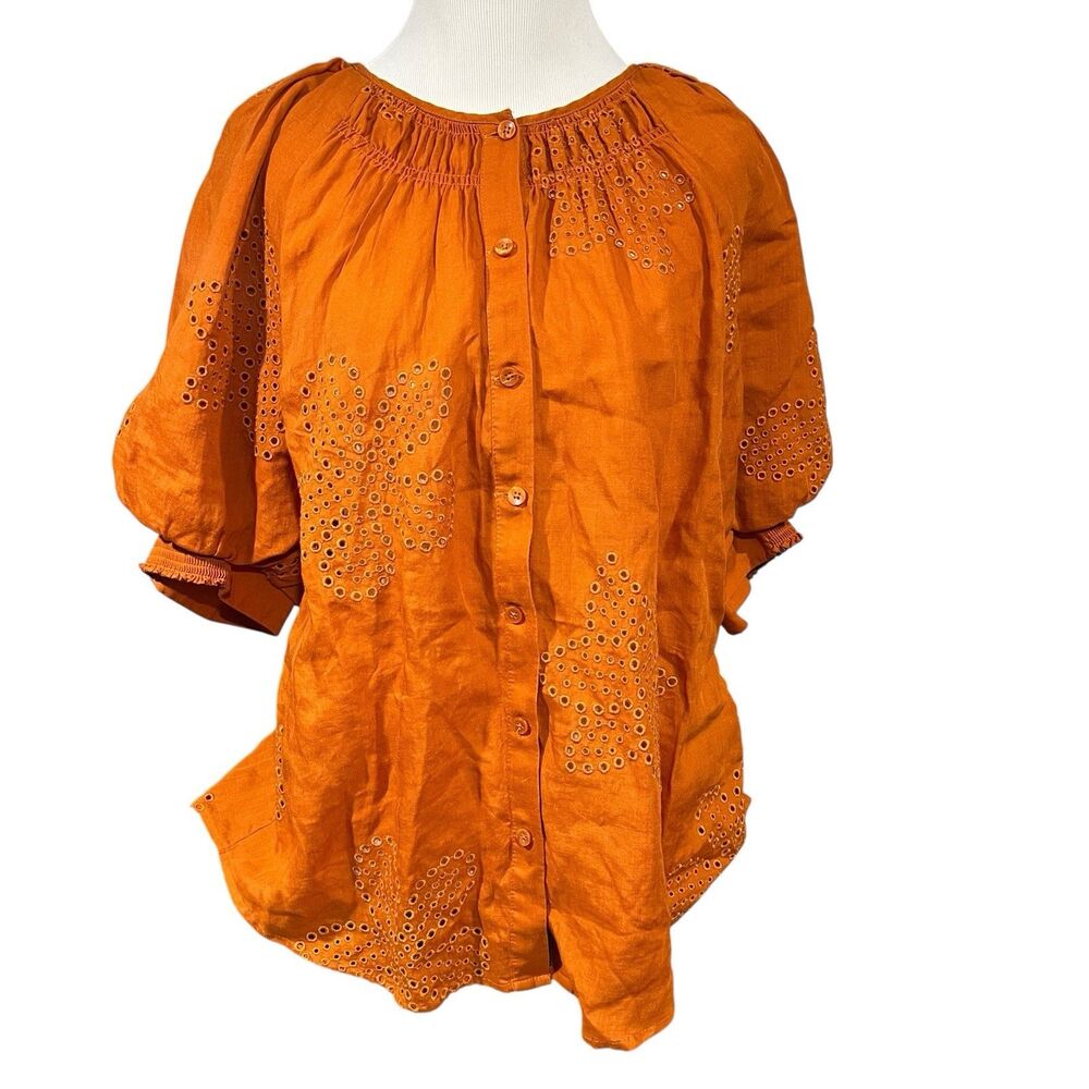 Chico’s Rust Orange Eyelet Blouse Puff Sleeve Button Front Womens 2 US 12 mature